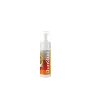 Flesje DunGüd Amped Body Building Foam met pompdispenser op witte achtergrond.