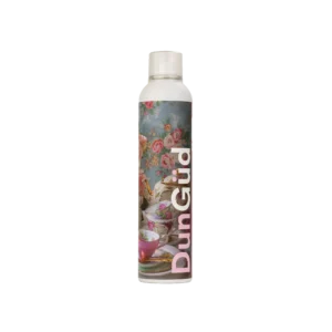 DunGüd Pomp Workable Hairspray met bloemen- en theekopjesontwerp op de fles.