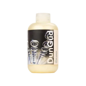 Fles DunGüd Lift & Volume Shampoo met een opvallend label met vintage toetsenbord toetsen.