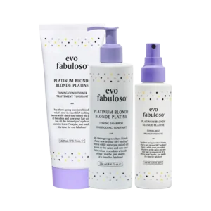 Pakket met evo fabuloso Platinum Blonde toning shampoo, conditioner en mist voor blond haar.