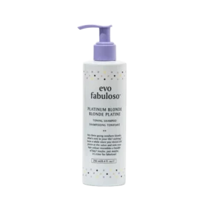 Fles evo fabuloso Platinum Blonde toning shampoo van 250 ml met paarse pompdop.