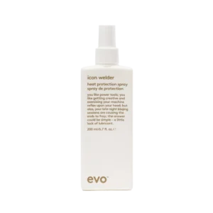 Witte fles Evo Icon Welder heat protection spray van 200 ml met opdruk in bruine tekst.
