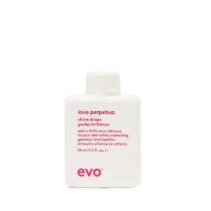 Witte fles van 50 ml Evo Love Perpetua Shine Drops met roze tekst op de voorkant.