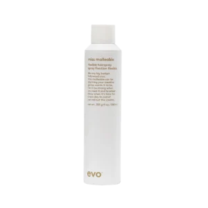 Witte spuitbus van 300 ml Evo Miss Malleable Flexible Hairspray met minimalistisch ontwerp en goudkleurige tekst.