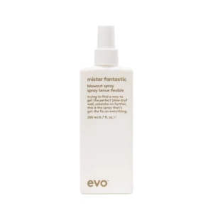Fles Evo Mister Fantastic blowout spray van 200 ml met witte verpakking en goudkleurige tekst.
