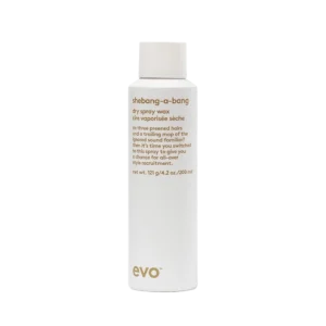 Witte spuitbus van 200 ml Evo Shebang-a-Bang dry spray wax met goudkleurige tekst.