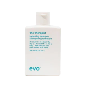 Witte fles Evo The Therapist Hydrating Shampoo van 300 ml met blauwe tekst op de voorkant.