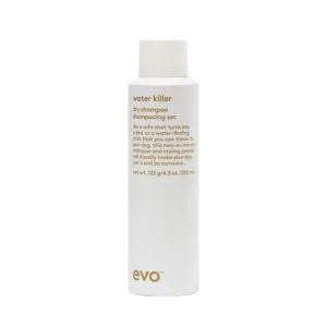 Witte fles Evo Water Killer droogshampoo van 200 ml met minimalistisch ontwerp en goudkleurige tekst.