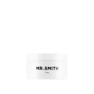 Witte ronde pot met zwarte tekst "MR. SMITH Flex" op de voorzijde, tegen een zwarte achtergrond.