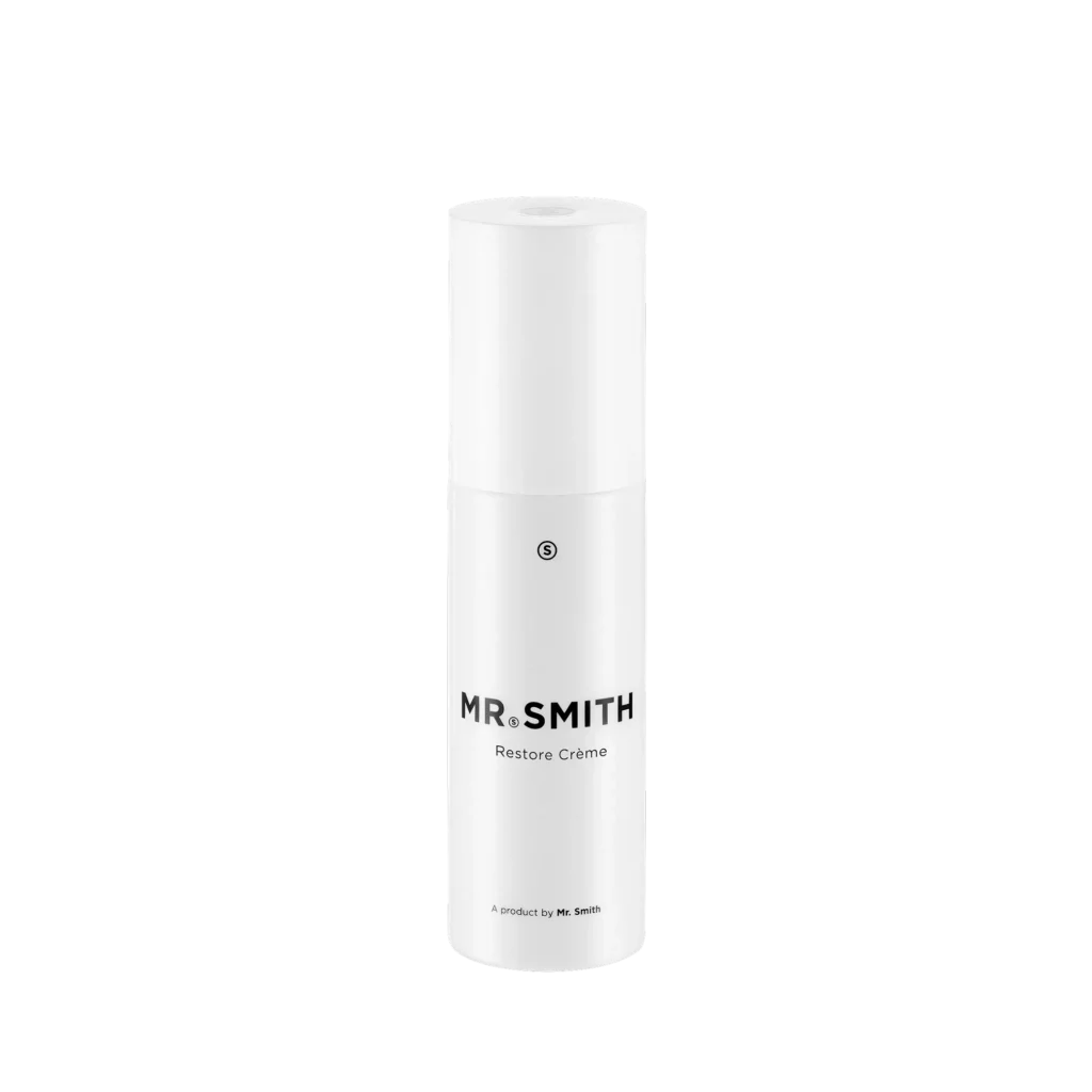 Witte flacon van 100 ml Mr. Smith Restore Crème tegen een zwarte achtergrond.