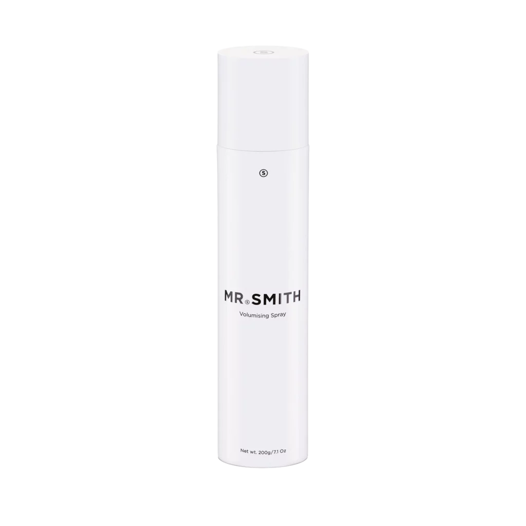 Witte spuitbus van Mr. Smith Volumising Spray van 270 gram, rechtopstaand afgebeeld tegen een witte achtergrond.