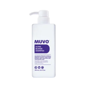 Fles MUVO Ultra Blonde Shampoo van 500 ml met pompdispenser.