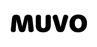 Zwart-wit logo met het woord "muvo" in gestileerde, moderne letters.