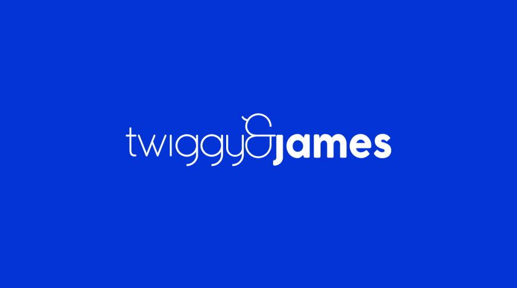 Twiggy & James logo op een donker blauwe achtergrond