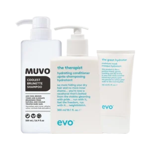 Drie haarverzorgingsproducten uit "The Ultimate Brunette Pack" met MUVO shampoo en EVO conditioner en masker.