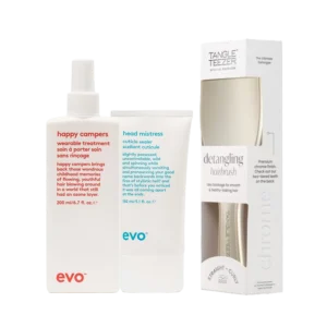 Verzorgingspakket met Evo haarproducten en een Tangle Teezer ontklittende haarborstel in chroom uitvoering.